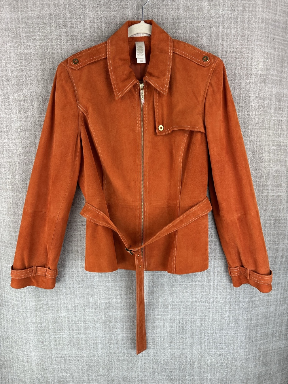 LIZ Jacket Womens L Orange Suede Biker Collared Belted Full Zip Casual